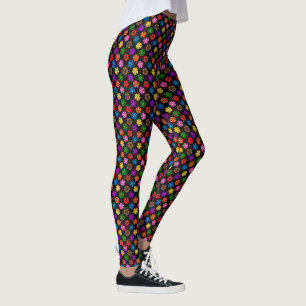Colourful Retro Rainbow Flowers Design Black Leggings