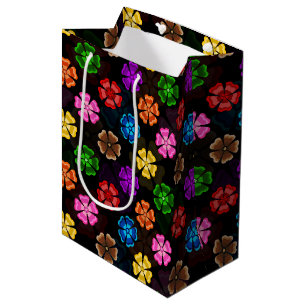 Colourful Retro Rainbow Flowers Design Black Medium Gift Bag
