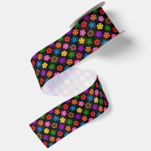 Colourful Retro Rainbow Flowers Design Black Satin Ribbon