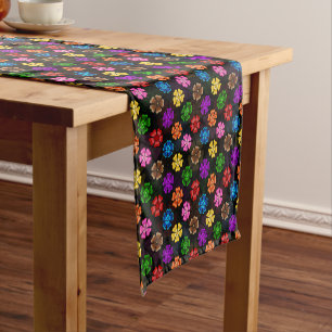 Colourful Retro Rainbow Flowers Design Black Short Table Runner