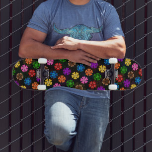 Colourful Retro Rainbow Flowers Design Black Skateboard