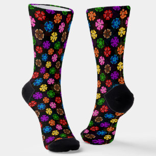 Colourful Retro Rainbow Flowers Design Black  Socks