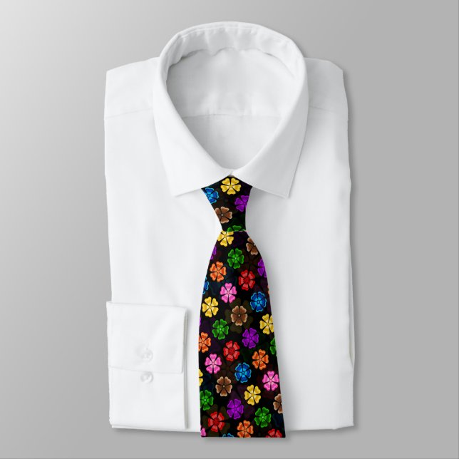 Colourful Retro Rainbow Flowers Design Black  Tie (Tied)