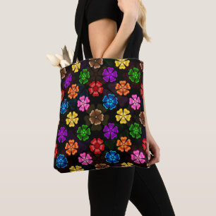 Colourful Retro Rainbow Flowers Design Black Tote Bag