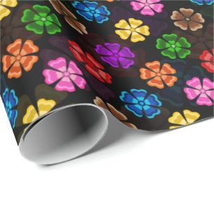 Colourful Retro Rainbow Flowers Design Black Wrapping Paper