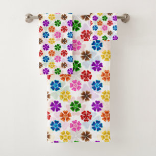 Colourful Retro Rainbow Flowers Design White Bath Towel Set