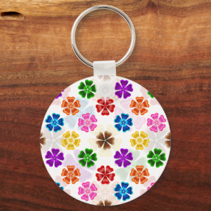 Colourful Retro Rainbow Flowers Design White Key Ring
