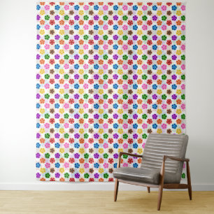 Colourful Retro Rainbow Flowers Design White Tapestry