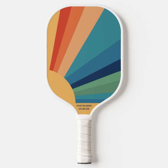 Colourful Retro Rainbow Sun Custom Text Name Phone Pickleball Paddle (Front)
