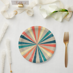 Colourful Retro Rainbow Sunburst  Paper Plate