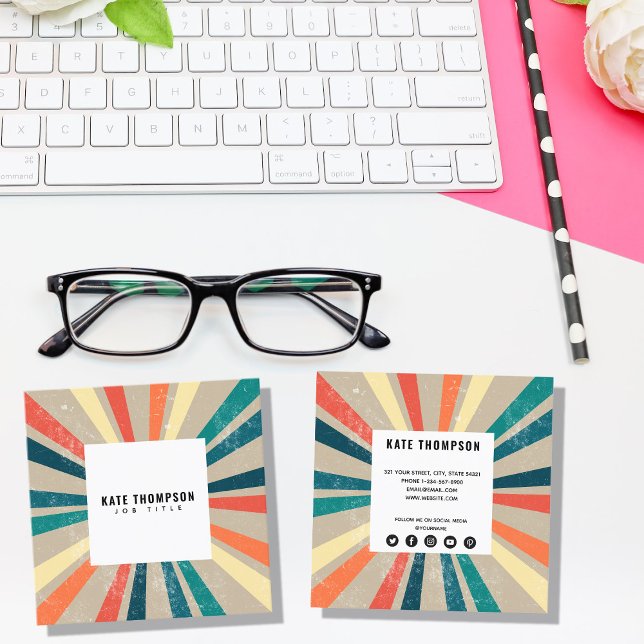 Colourful Retro Rainbow Sunburst Social Media Icon Square Business Card (Creator Uploaded)