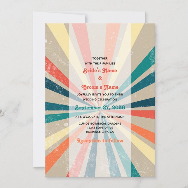 Colourful Retro Rainbow Sunburst Wedding Invitation (Front)