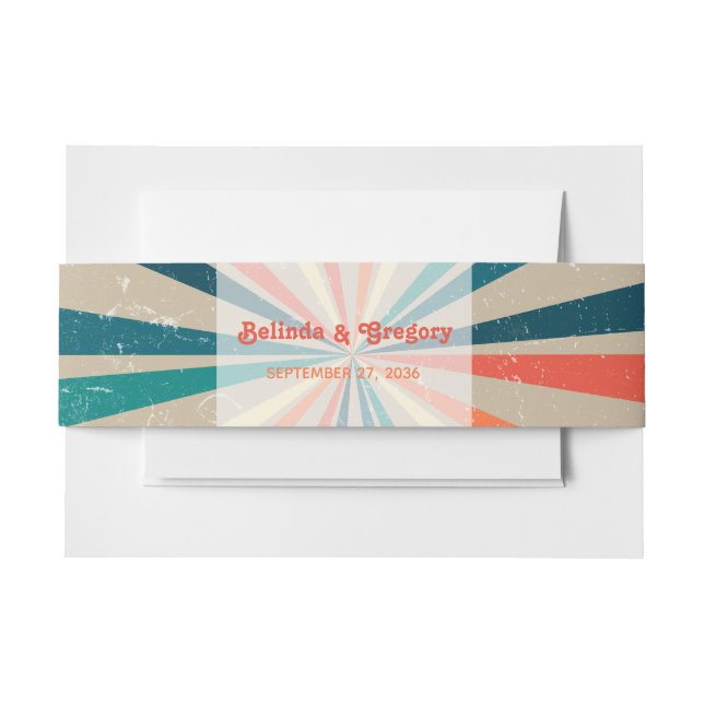 Colourful Retro Rainbow Sunburst Wedding Invitation Belly Band (Front Example)