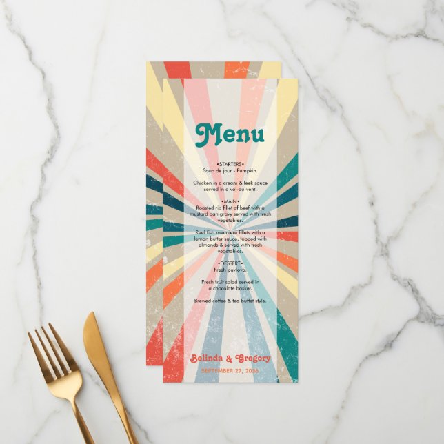 Colourful Retro Rainbow Sunburst Wedding Menu (Front/Back In Situ)