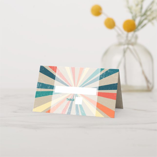 Colourful Retro Rainbow Sunburst Wedding Place Card (Front)
