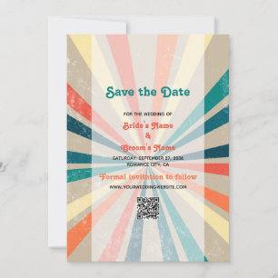 Colourful Retro Rainbow Sunburst Wedding QR Code Save The Date