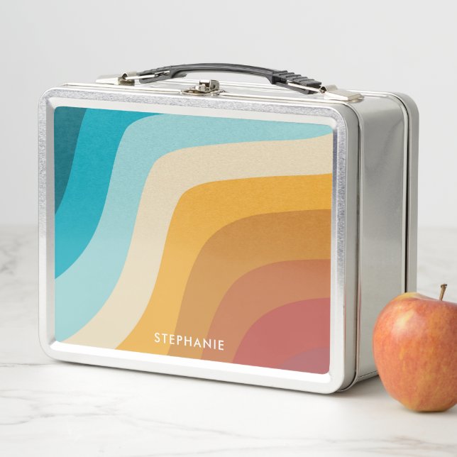 Colourful Retro Rainbow Waves Personalised  Metal Lunch Box (In Situ)
