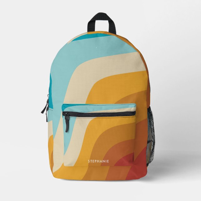 Colourful Retro Rainbow Waves Personalised Name Printed Backpack (Front)
