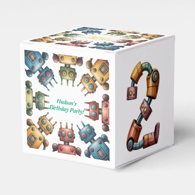 Colourful Retro Robots 2nd Boy Birthday Party  Favour Box (Front Side)