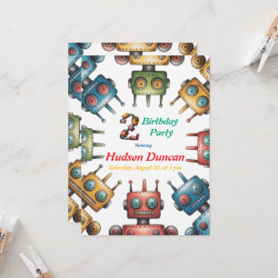 Colourful Retro Robots Boy Birthday Party Invitation