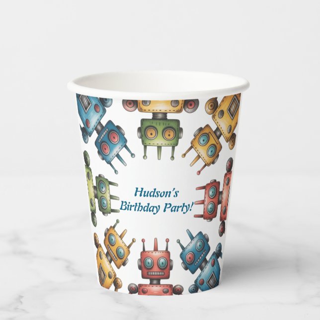 Colourful Retro Robots Boy Birthday Party Paper Cups (Front)