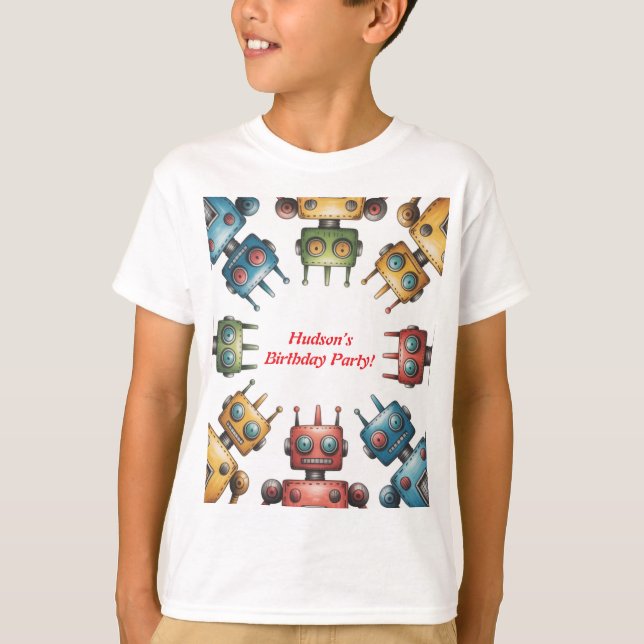 Colourful Retro Robots Boy Birthday Party T-Shirt (Front)