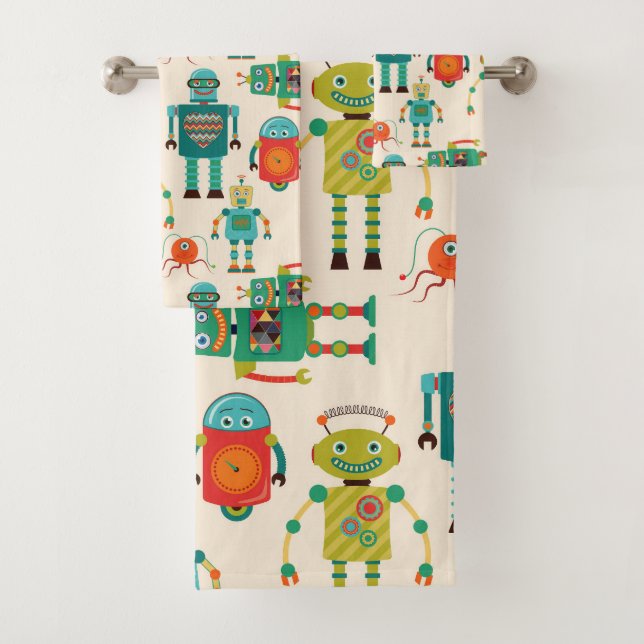 Colourful Retro Robots Pattern Bath Towel Set (Insitu)