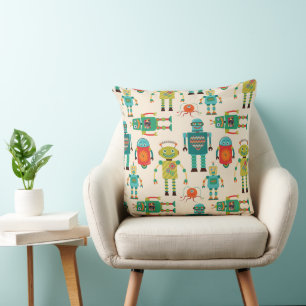 Colourful Retro Robots Pattern Cushion