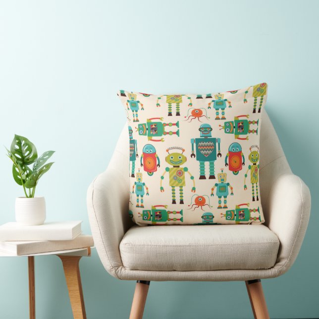 Colourful Retro Robots Pattern Cushion (Chair)
