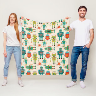 Colourful Retro Robots Pattern Fleece Blanket