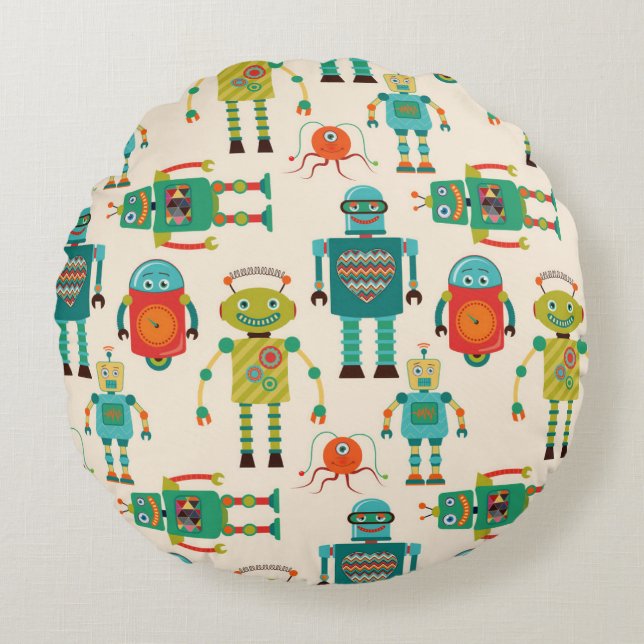 Colourful Retro Robots Pattern Round Cushion (Front)