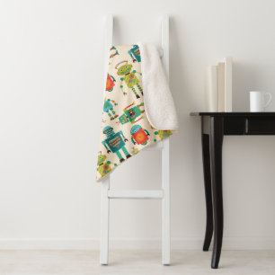 Colourful Retro Robots Pattern Sherpa Blanket