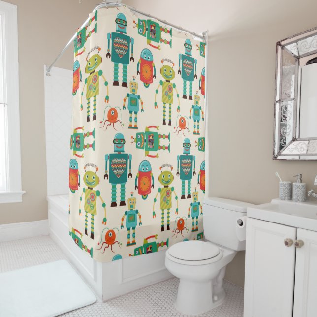 Colourful Retro Robots Pattern Shower Curtain (In Situ)