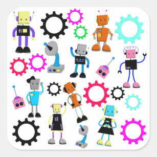 Colourful Retro Robots Square Sticker