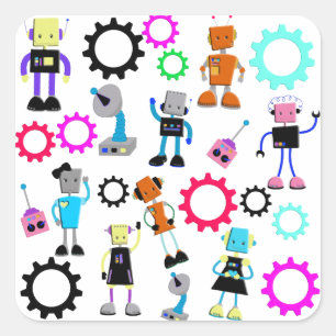 Colourful Retro Robots Square Sticker