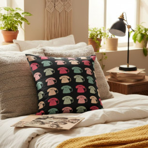 Colourful Retro Rotary Phone Pattern on Black Thro Cushion
