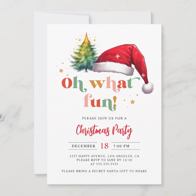 Colourful Retro Script Oh What Fun Christmas Party Invitation (Front)