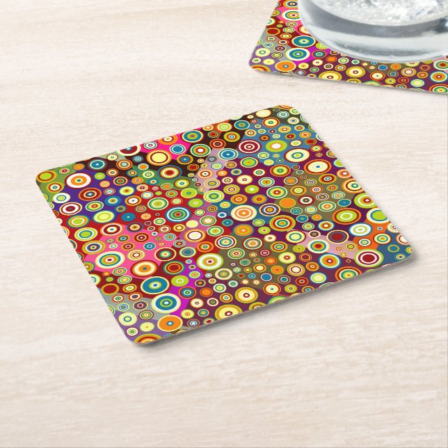Colourful Retro Spots + your idea Square Paper Coaster (Angled)