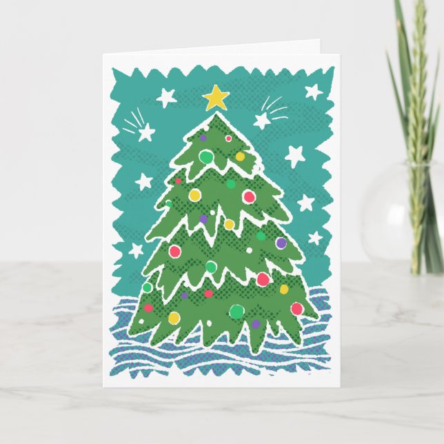 Colourful Retro Stamp Style Christmas Tree Card (Front)