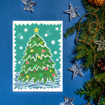Colourful Retro Stamp Style Christmas Tree Holiday Card<br><div class="desc">Stand out from the holiday card stack with this cheerfully illustrated Christmas card featuring a pine tree decorated with ornaments and surrounded with snow and a starry night sky and has a charming retro flair and easy to personalise text and a photo on the back side.</div>