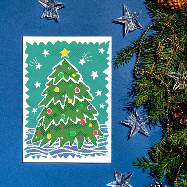 Colourful Retro Stamp Style Christmas Tree Holiday Card (holiday card with illustrated retro style Christmas tree and ornaments)