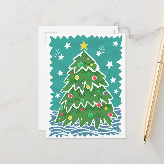 Colourful Retro Stamp Style Christmas Tree Holiday Postcard (Front/Back In Situ)