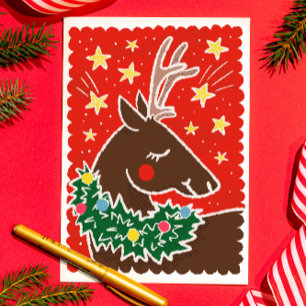 Colourful Retro Stamp Style Reindeer Holiday Card