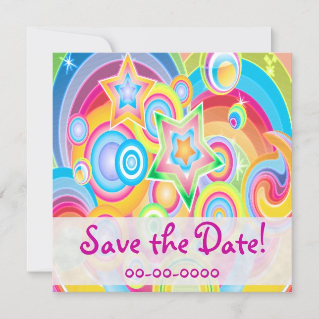 Colourful Retro Star Power Invitations (Front)