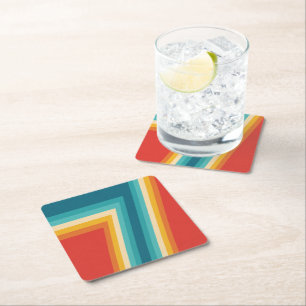 Colourful Retro Stripes - 70s, 80s Design Square Paper Coaster