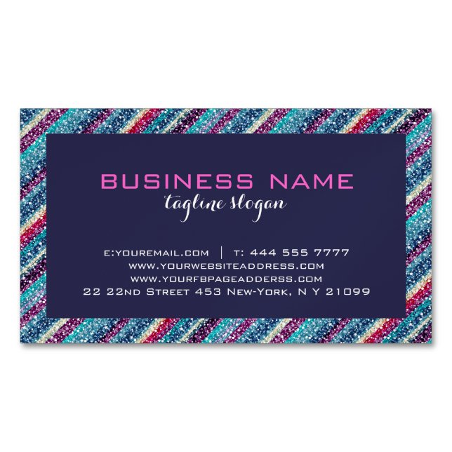 Colourful Retro Stripes Glitter Pattern 2 Blue Magnetic Business Card (Front)