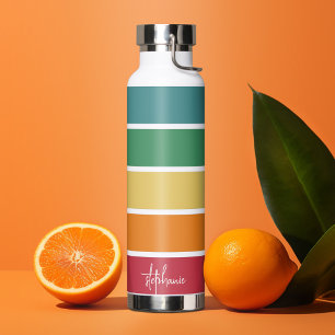 Colourful Retro Stripes - Rainbow - Script Name Wa Water Bottle