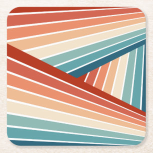 Colourful retro style diagonal rainbow design square paper coaster