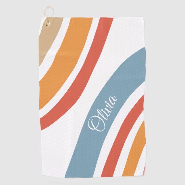 Colourful retro style rainbow design golf towel (Front)
