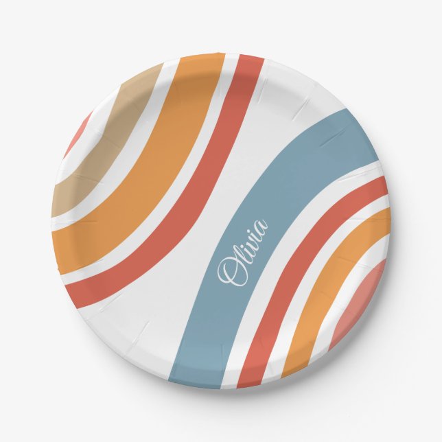 Colourful retro style rainbow design paper plate (Front)